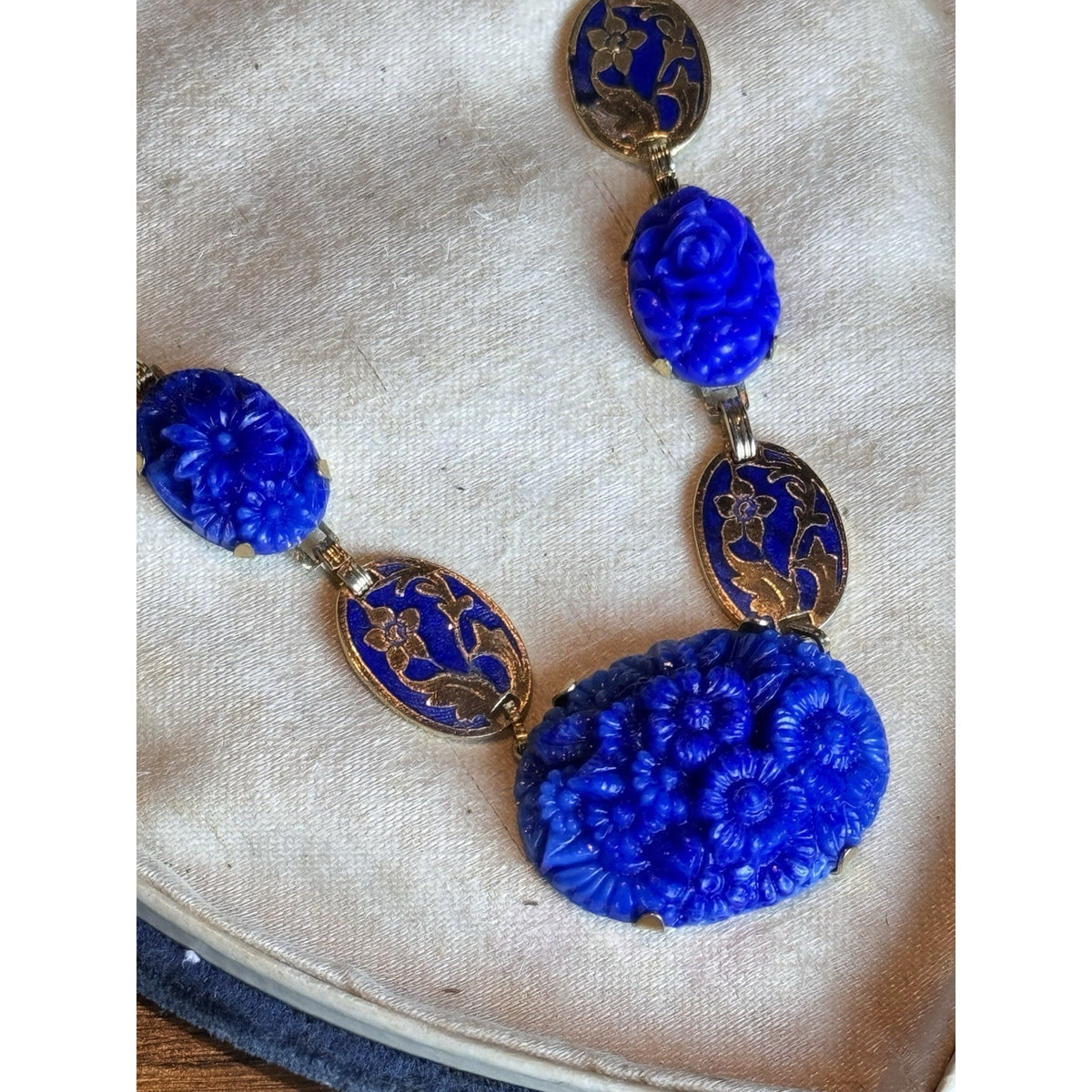 Vintage Czech Necklace Blue Pressed Glass Floral Enamel Goldtone Art Deco 16”