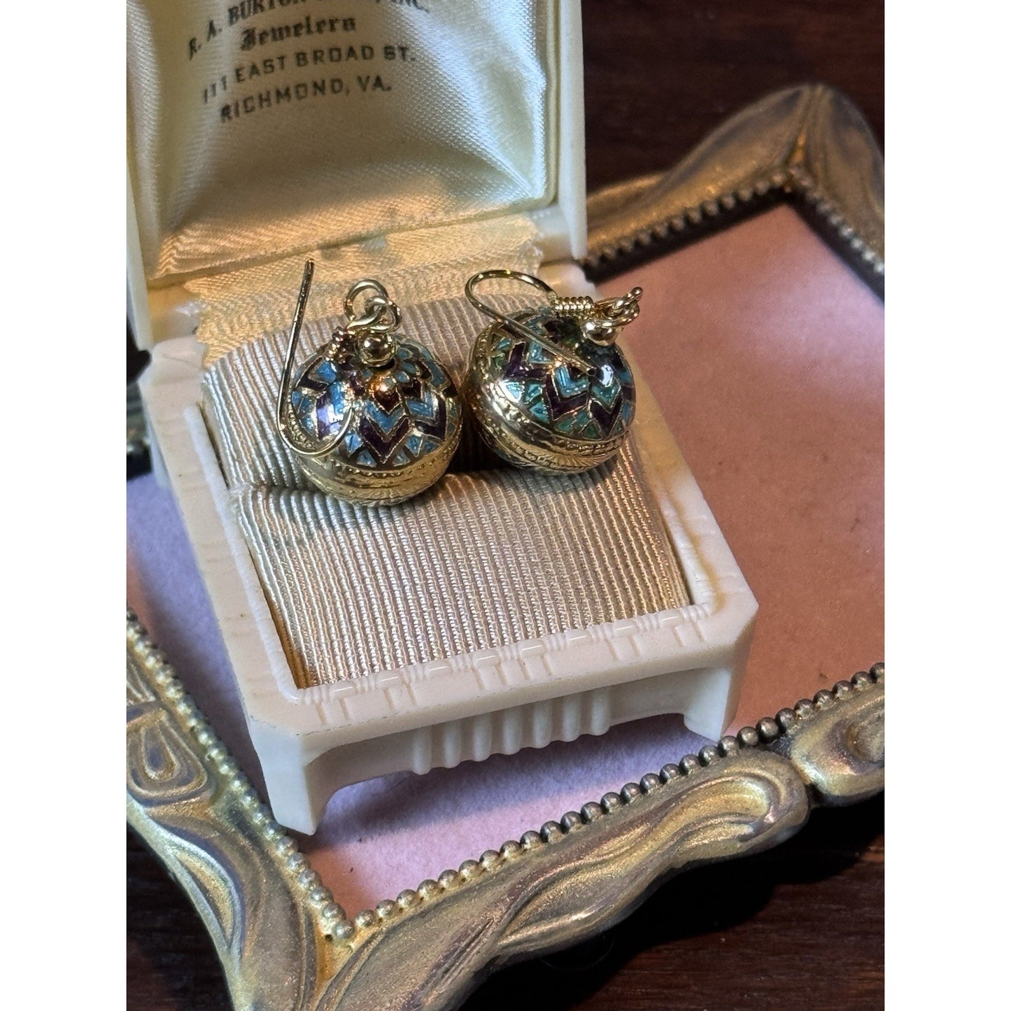 Vintage 925 Sterling Vermeil Enamel Ball Drop Earrings Turquoise Brown 1”