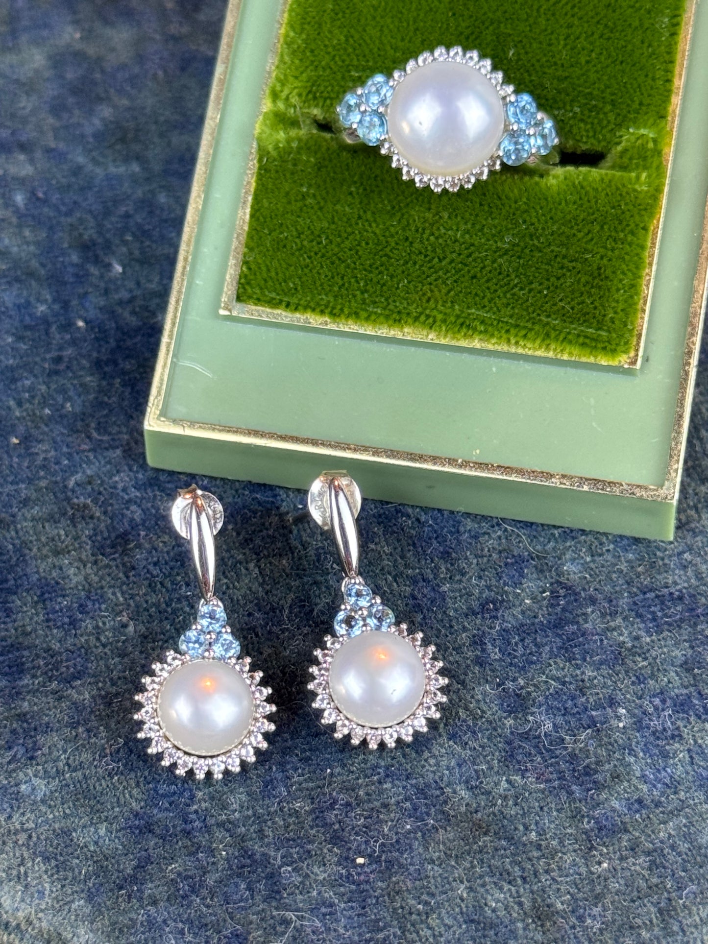 Vintage Sterling Silver Pearl Blue Stone Ring 6.75 & Earrings Set 925
