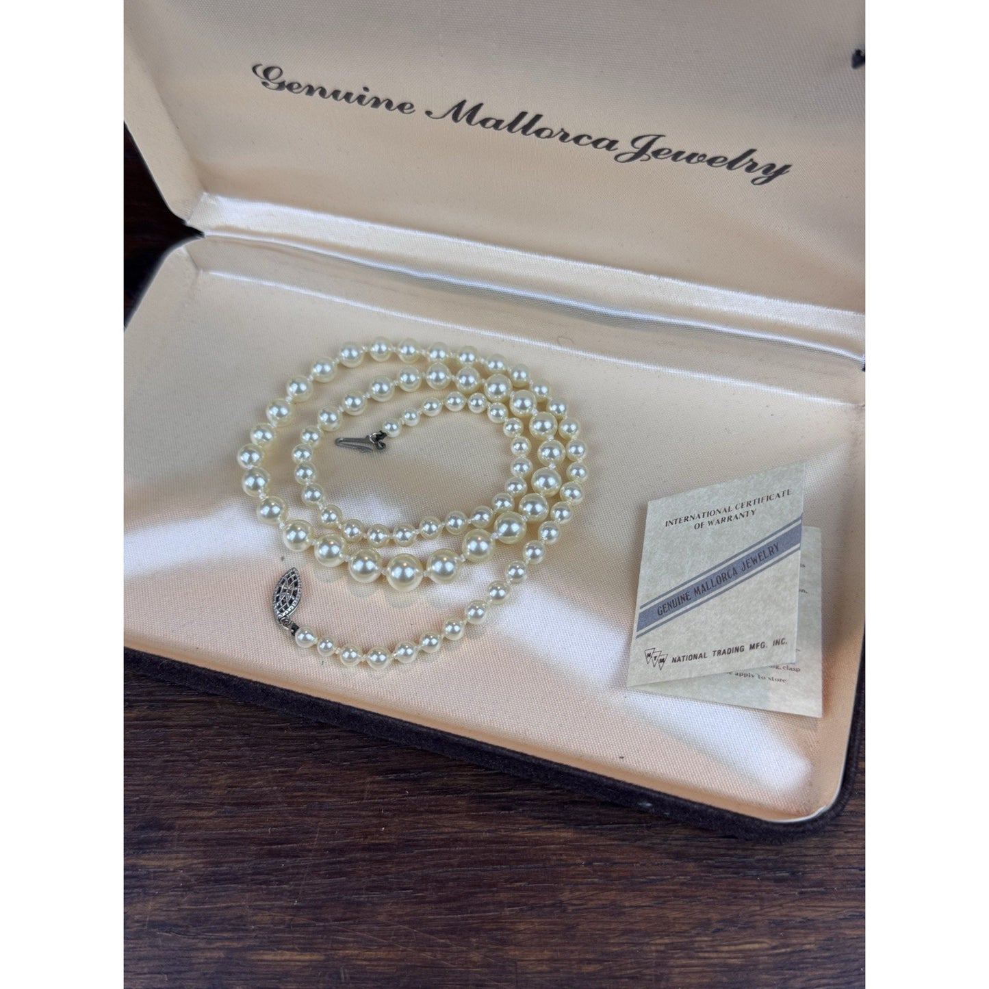 Vintage Mallorca Faux Pearl Necklace 19.5” Knotted Graduated Original Case