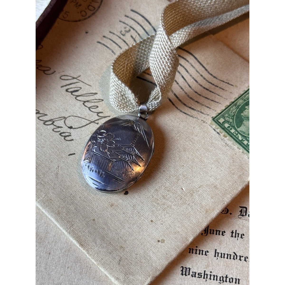 Vintage Silver Locket Pendant Engraved Japanese Pagoda Mountain Scene 1” x .75”