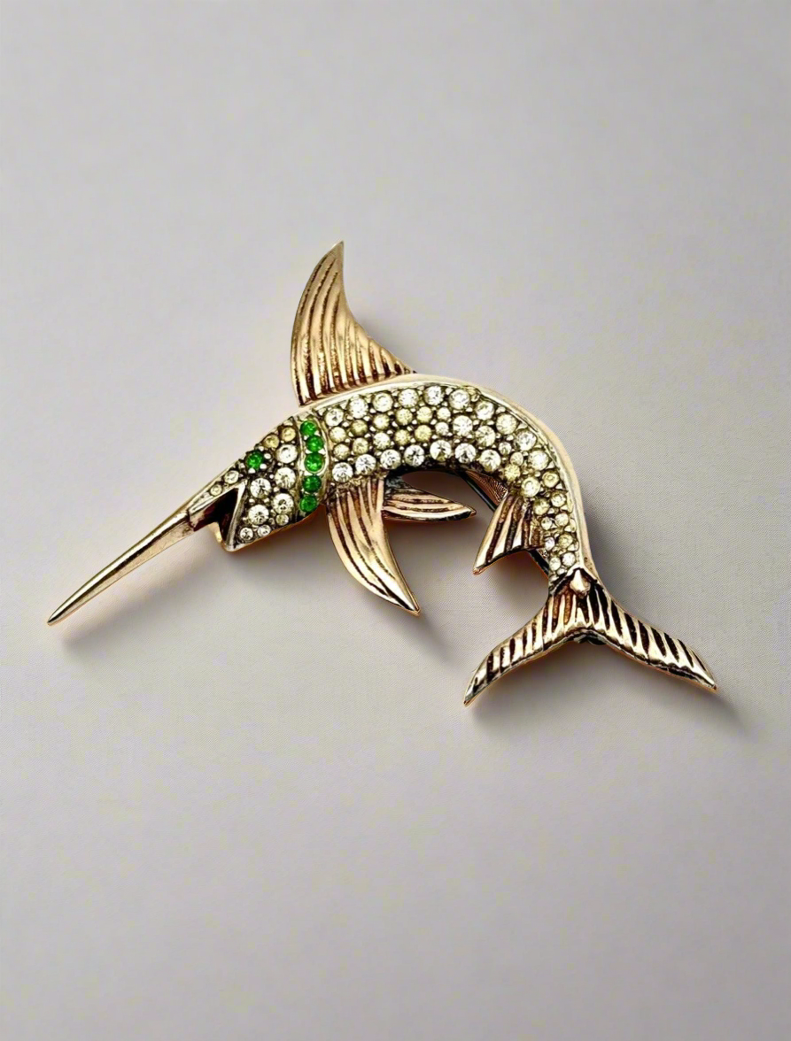 Vintage Sterling Silver Vermeil Swordfish Rhinestone Brooch 1940s ICONIC Style