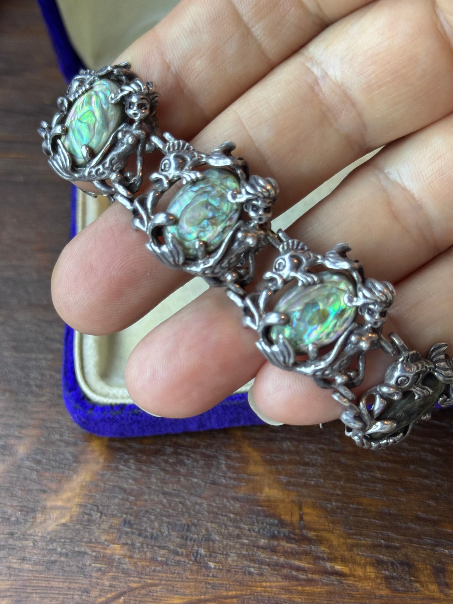 Vintage Sterling Mermaid Abalone Bracelet Fish Clasp 6.5” Art Nouveau Style