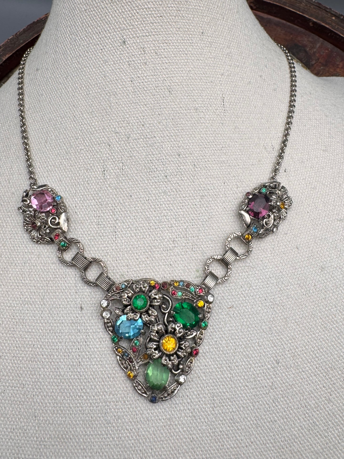 Silvertone Floral Necklace Rhinestone Statement Pendant 18” Vintage