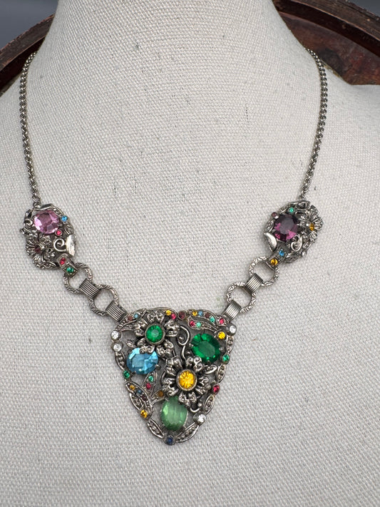 Silvertone Floral Necklace Rhinestone Statement Pendant 18” Vintage