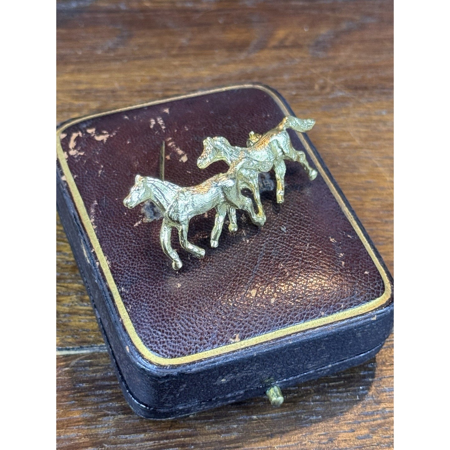 Vintage Horse Brooch Goldtone Two Running Horses Equestrian Pin 2.25” x 1”