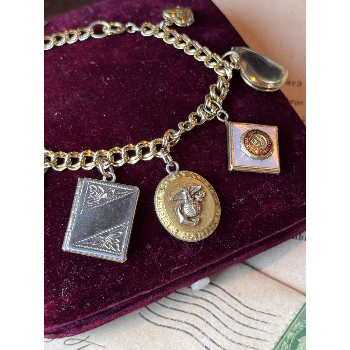 Gold-Filled Charm Bracelet 9 Charms Lockets Cross Marine Fordham 6.5”