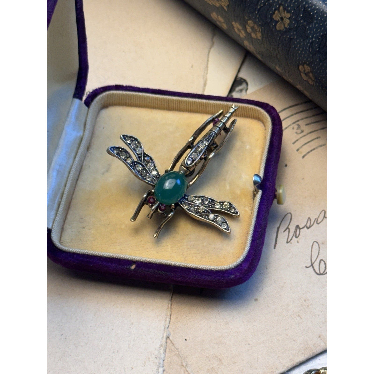 Dragonfly Brooch ART Signed Green Cabochon Rhinestone Goldtone Vintage Pin 1.75”