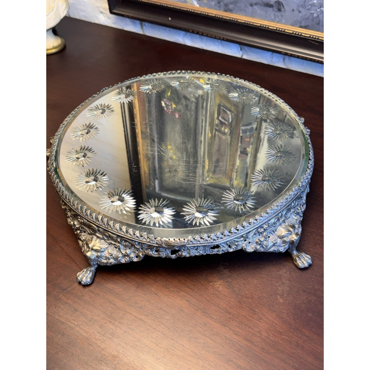 Mirror Plateau Ornate Silvertone Lion Head Paws Beveled Round Top SCRATCHED