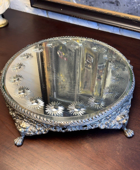 Mirror Plateau Ornate Silvertone Lion Head Paws Beveled Round Top SCRATCHED