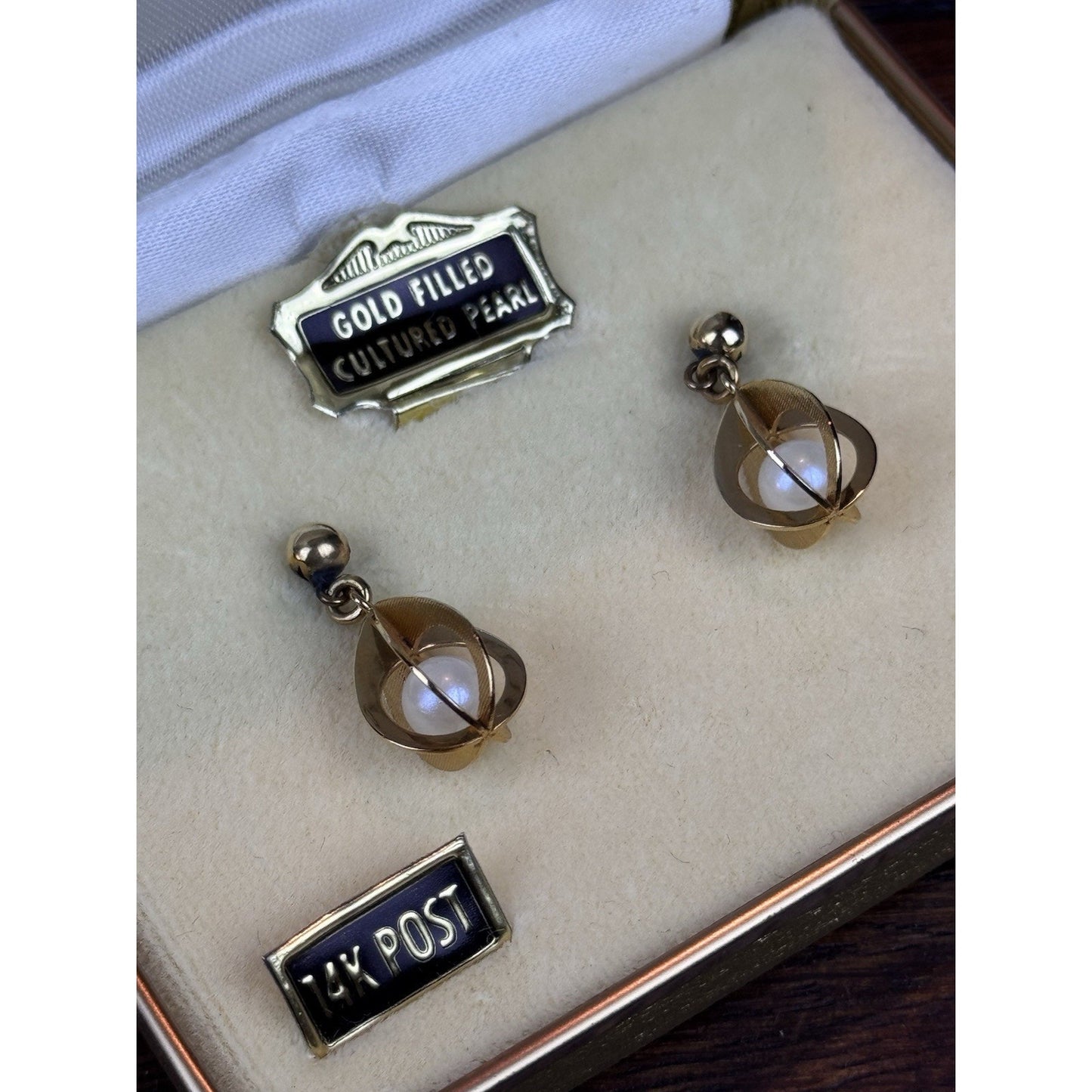Vintage Gold Filled Cultured Pearl Drop Earrings 14K Posts Orig Case 1.25”