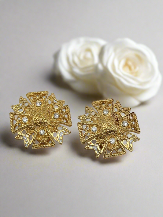 Vintage Signed KJL Kenneth Jay Lane Rhinestone Maltese Cross Earrings + Case