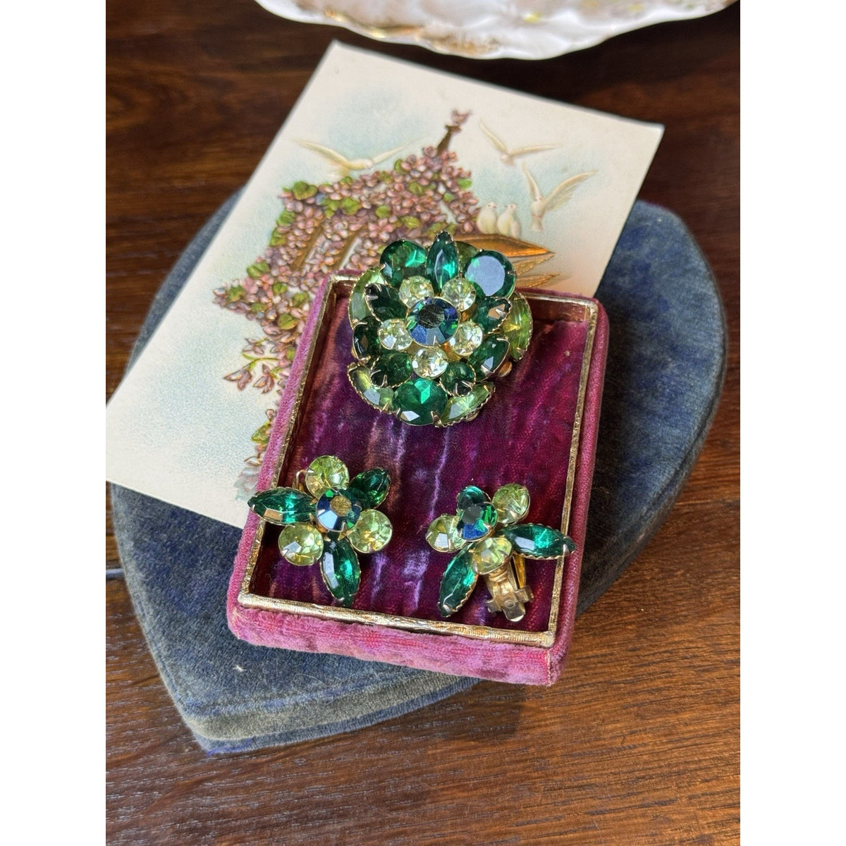 Beau Jewels Brooch Earrings Set Green Rhinestone Goldtone Clip On 1.75” Vintage