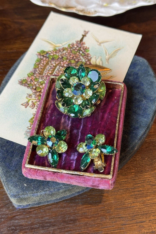 Vintage Beau Jewels Brooch Earrings Set Green Rhinestone Goldtone Clip On 1.75”