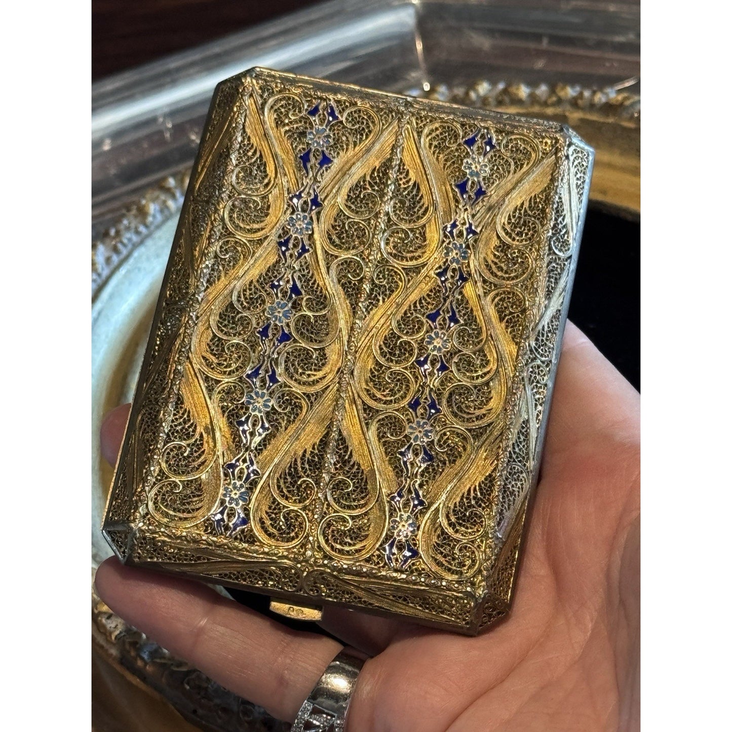 Vintage Cannetille Silver  Case Blue Enamel Gilt - Business Card Holder-