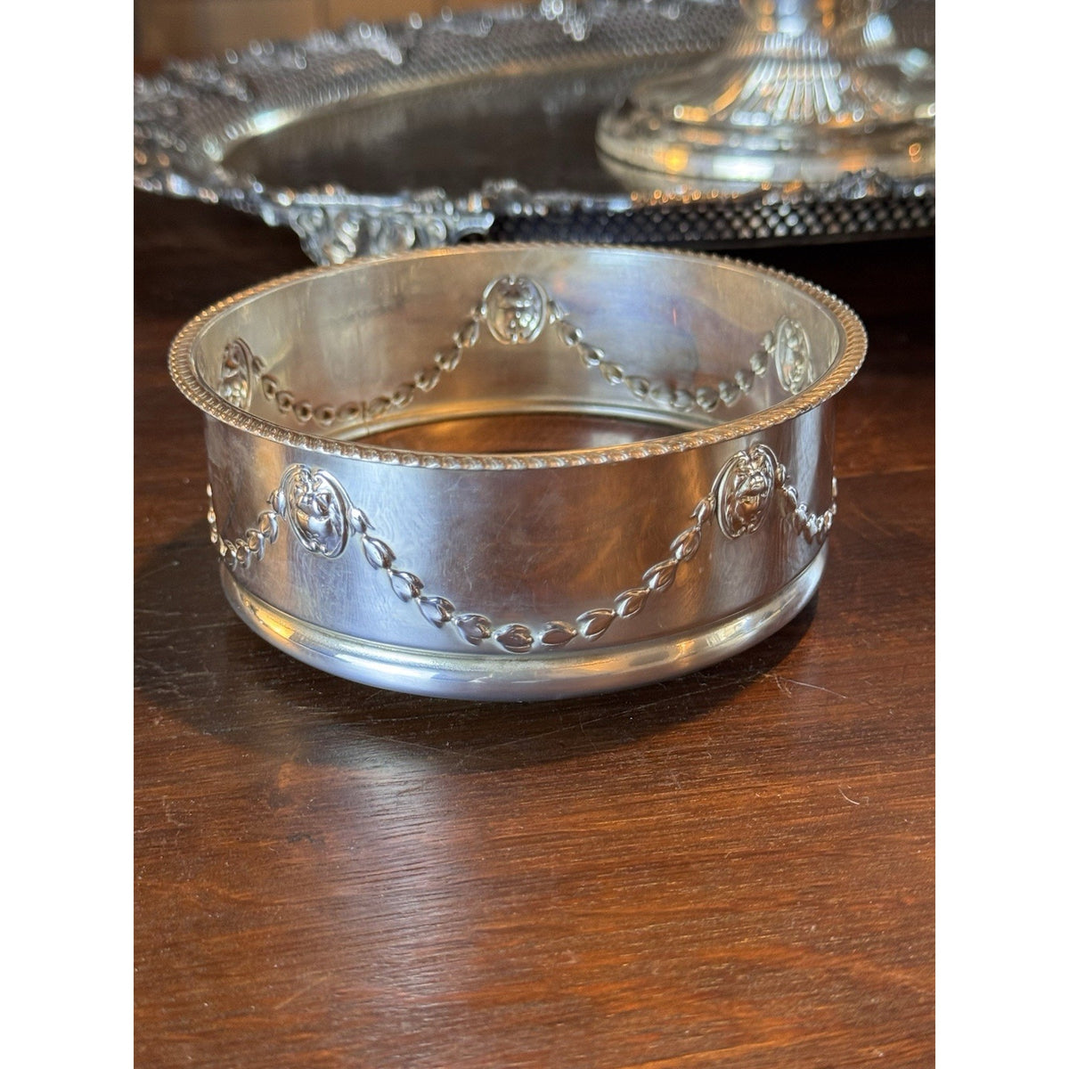 Silverplate Wine Bottle Coaster Wood Base Floral Garland Lion Head 5.5”