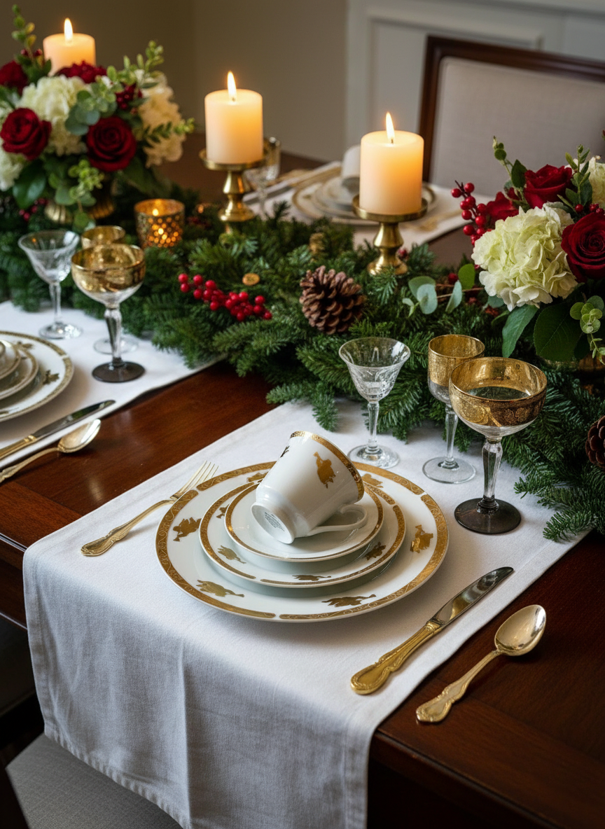 Christmas Tree China 4 PCs Place Setting CHERUBS Gold Angel Horn Christmas Tree Montgomery Ward