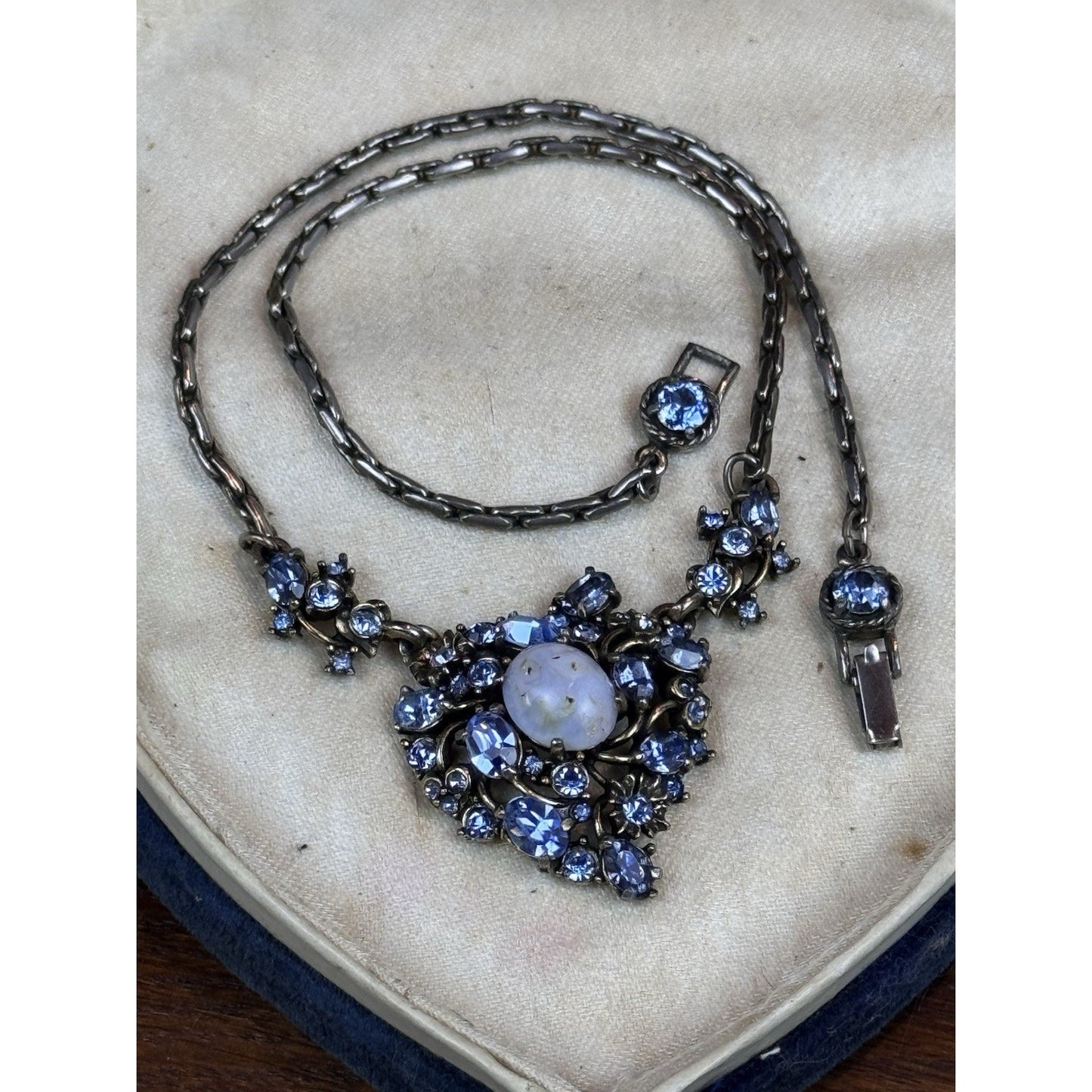 Vintage Hollycraft Necklace 1951 Blue Rhinestone Heart Easter Egg Silvertone 16”