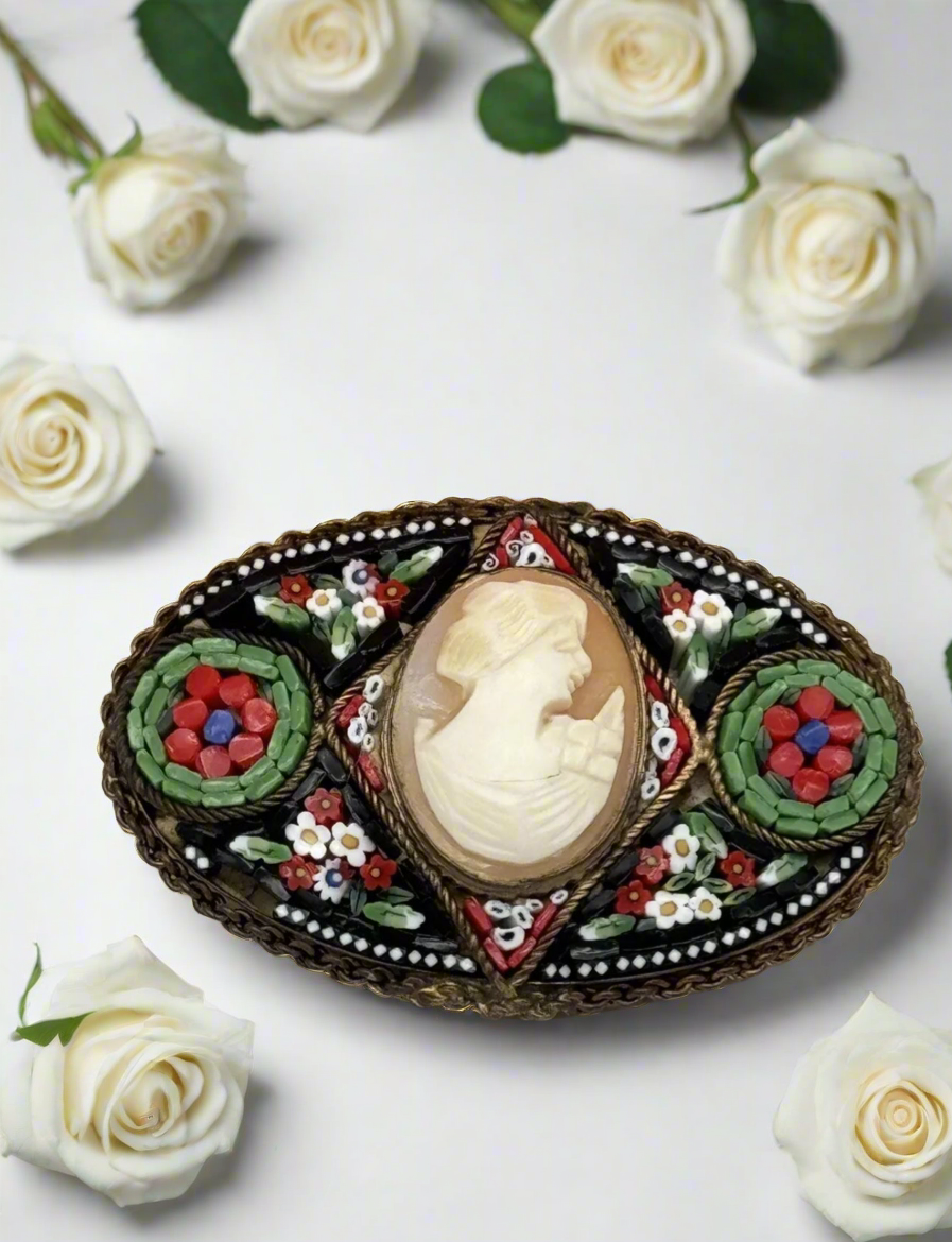 Antique Cameo Micro Mosaic Brooch Oval Estate Find Made In Italy