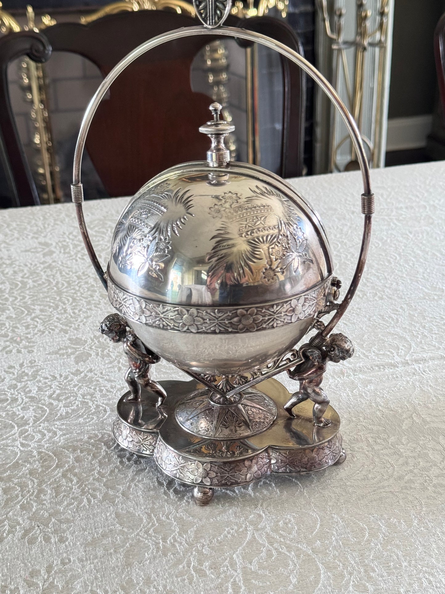 Antique Silverplate Putti Cherub Mechanical Butter Dish Victorian American Gilded Age c. 1880–1900