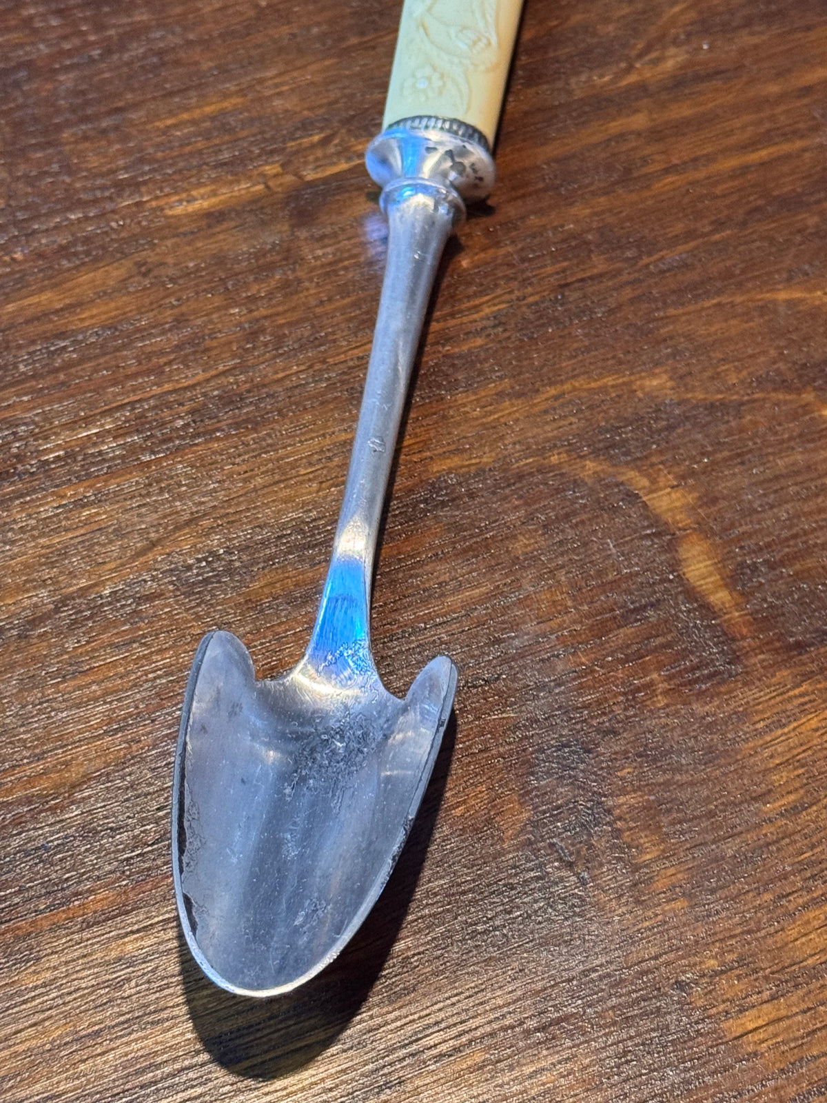 Antique Stilton Cheese Scoop Celluloid Floral Handle Silver Plate Serving Utensil