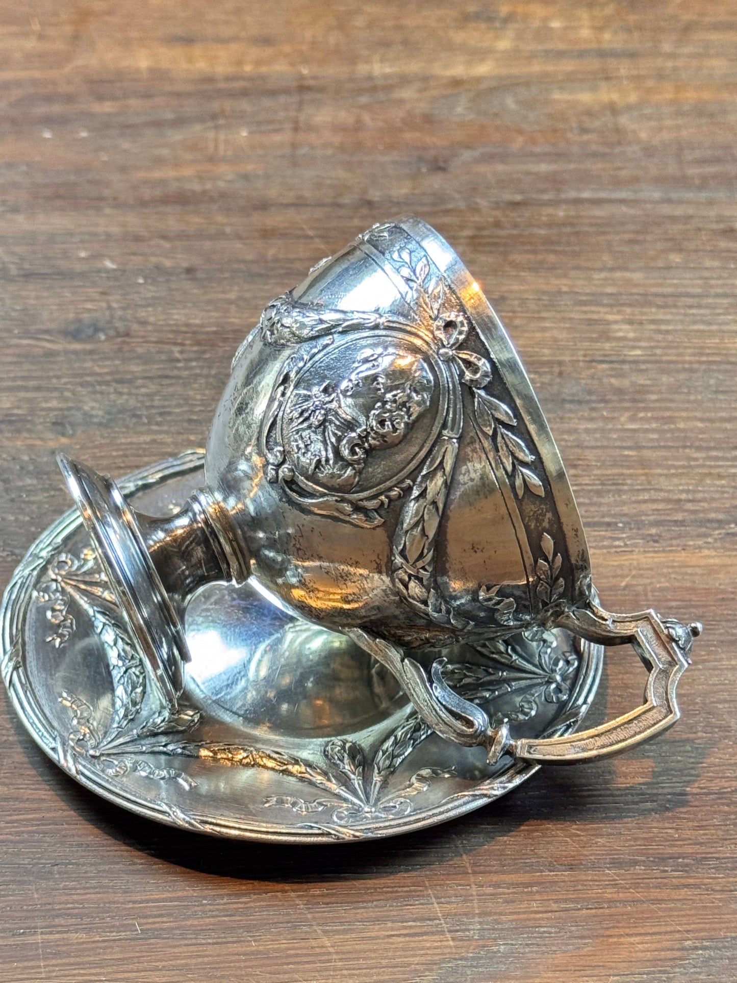 Vintage Silverplate Demitasse Cup & Saucer Cameo Repousse Pseudo Hallmark