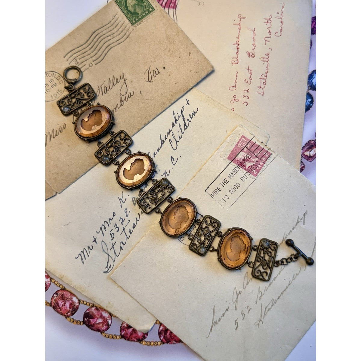 Pre-Owned Extasia Bracelet Pink Glass Intaglio Cameo Victorian Revival Filigree