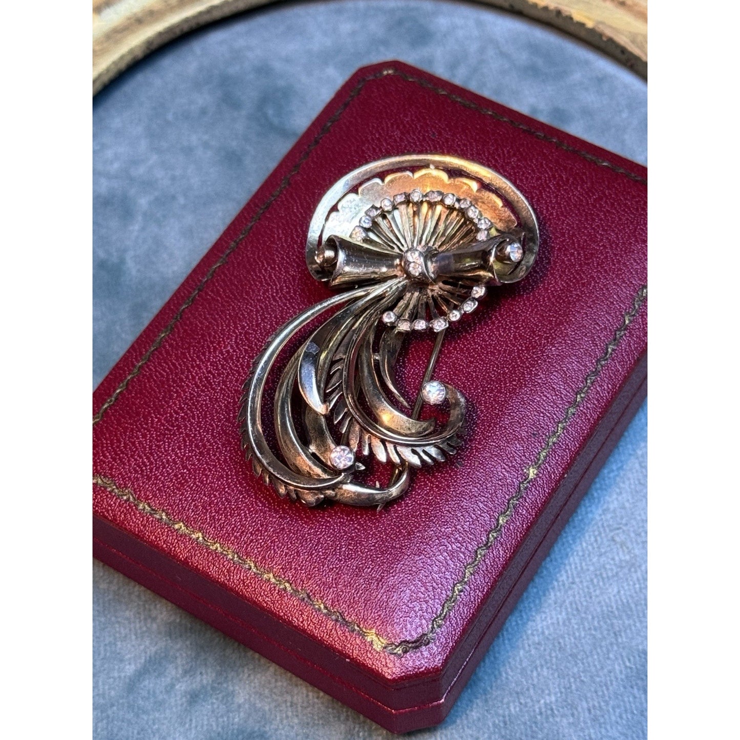 R De Rosa Sterling Vermeil Fur Clip Rhinestone Floral Scroll Design Vintage