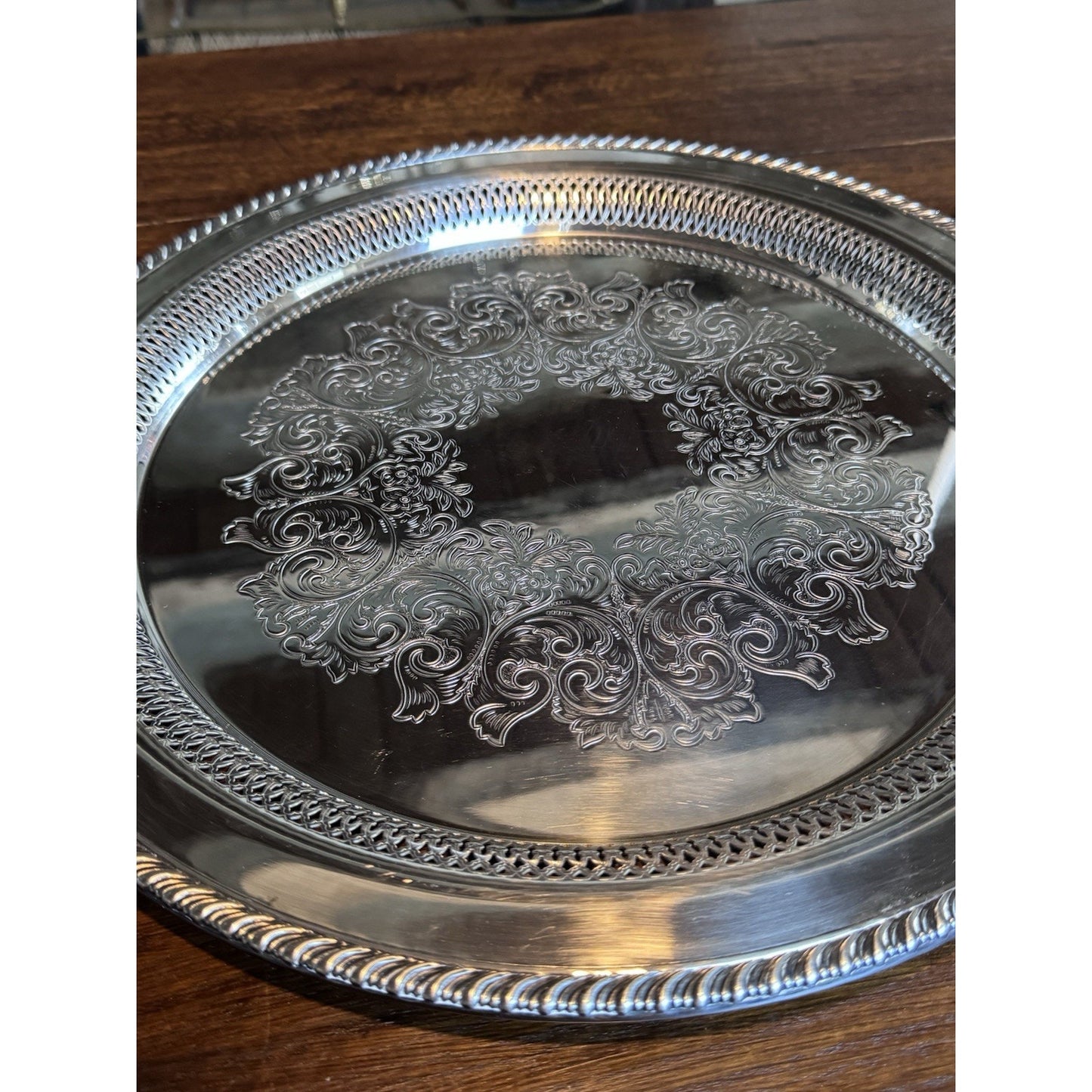 Silverplate Round Tray Reticulated 16.5” WM Rogers Engraved Serving Platter