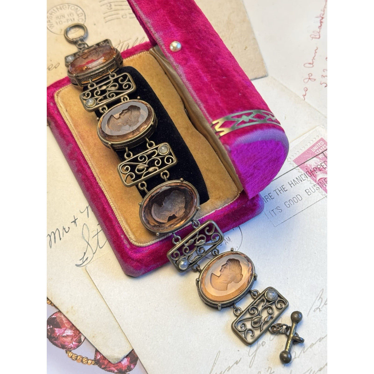 Pre-Owned Extasia Bracelet Pink Glass Intaglio Cameo Victorian Revival Filigree