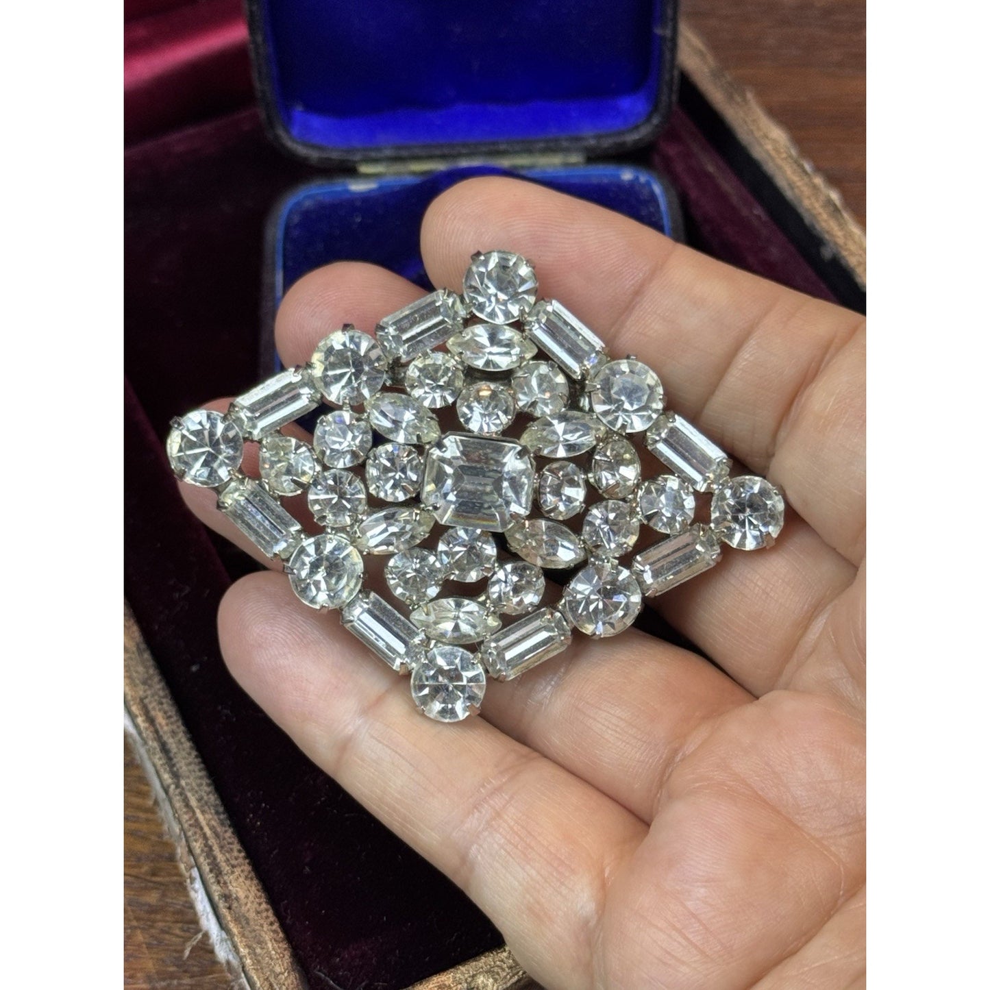 Vintage Clear Rhinestone Statement Brooch – Art Deco Style 2.5” X 2”