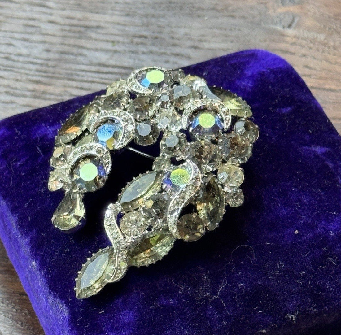 Vintage Rhinestone Brooch 2.5” Smoky Gray Aurora Borealis Crescent Statement