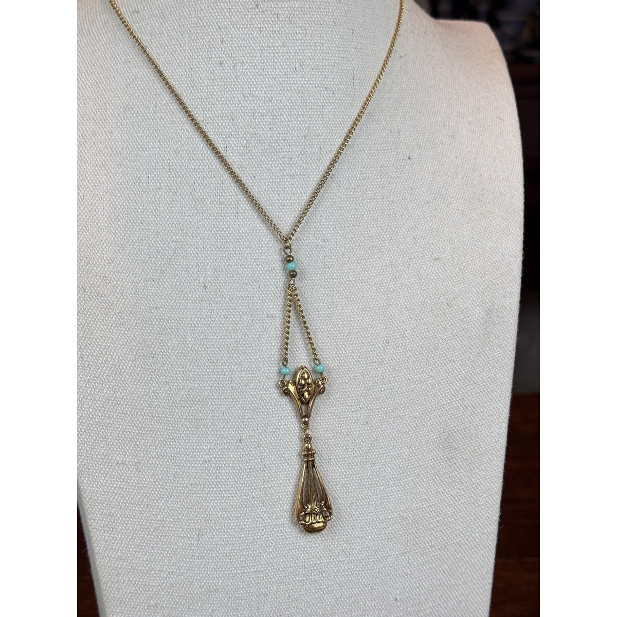 Vintage ART Lavalier Necklace Goldtone Turquoise Blue Beads 16” Signed Pendant