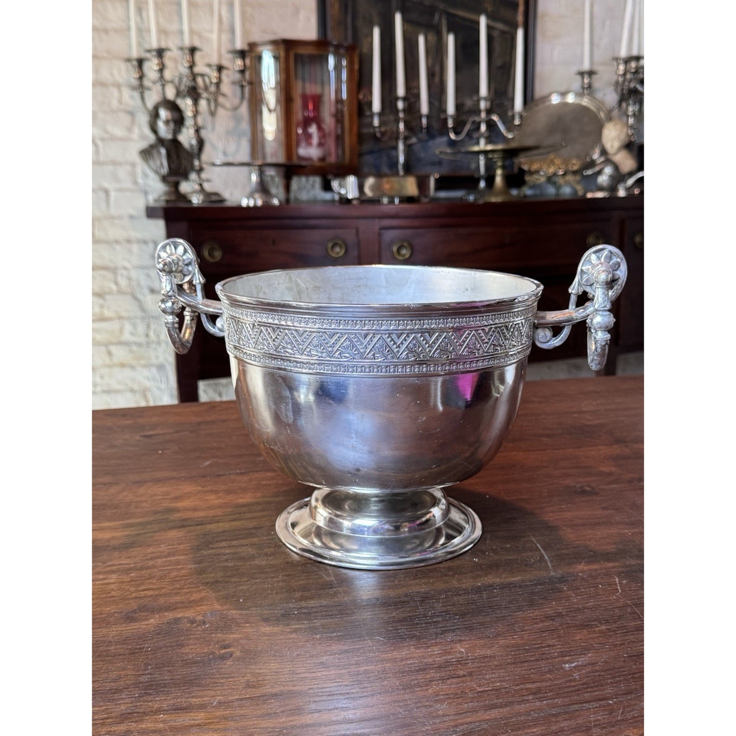 Antique Silver-plate Wine Cooler Champagne Bucket Neoclassical Footed Urn Planter Handles 13.25”
