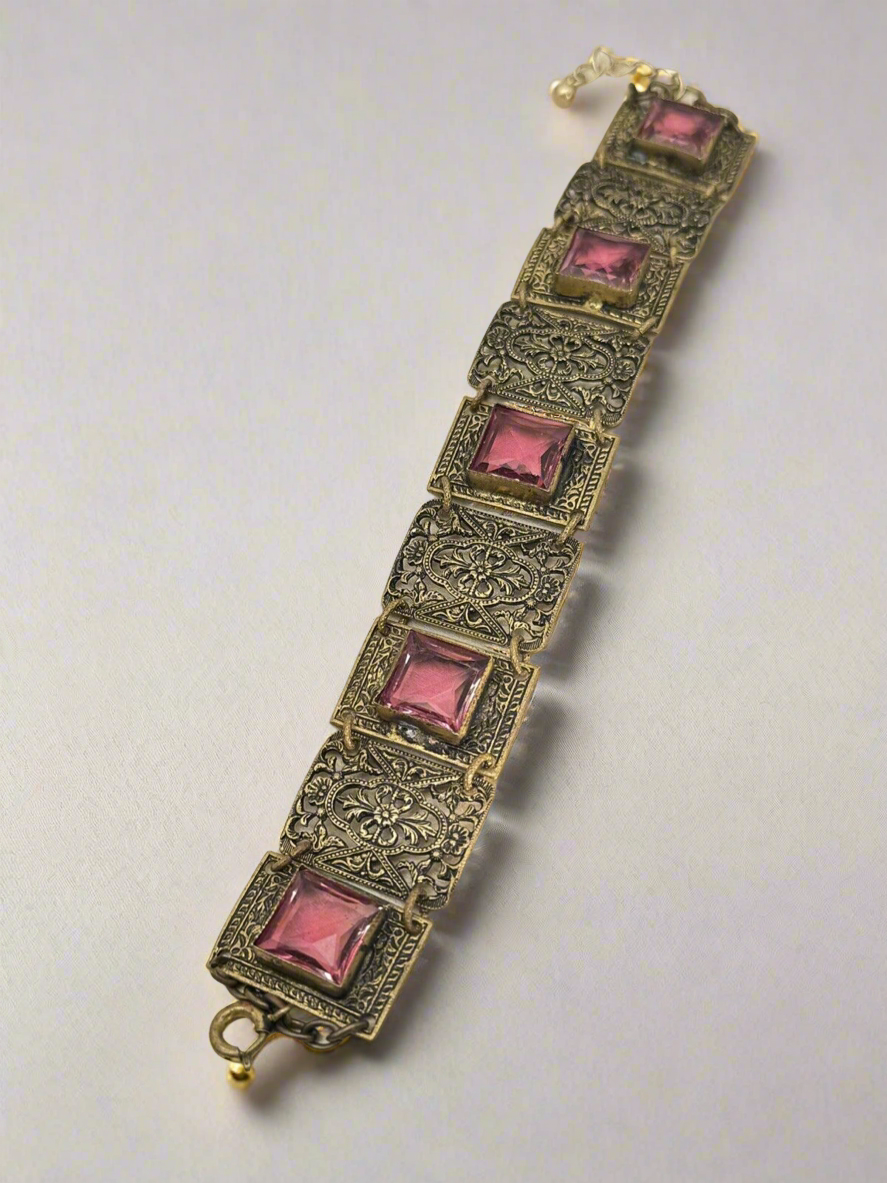 Antique Czech Pink Glass Stone Filigree Panel Bracelet SIGNED Made In Czech