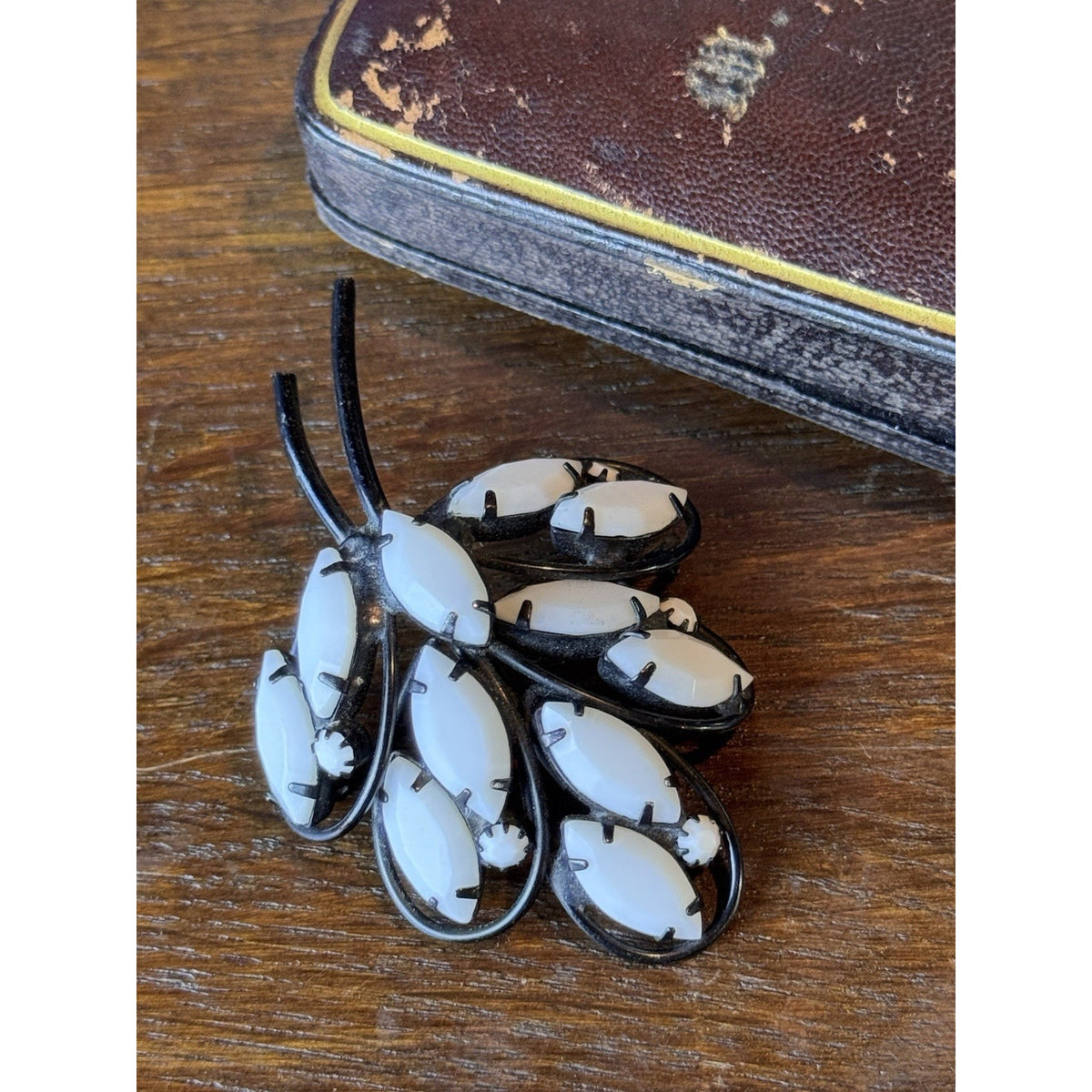 Vintage Brooch Black White Glass Floral Spray Japanned Statement Pin 2.5”
