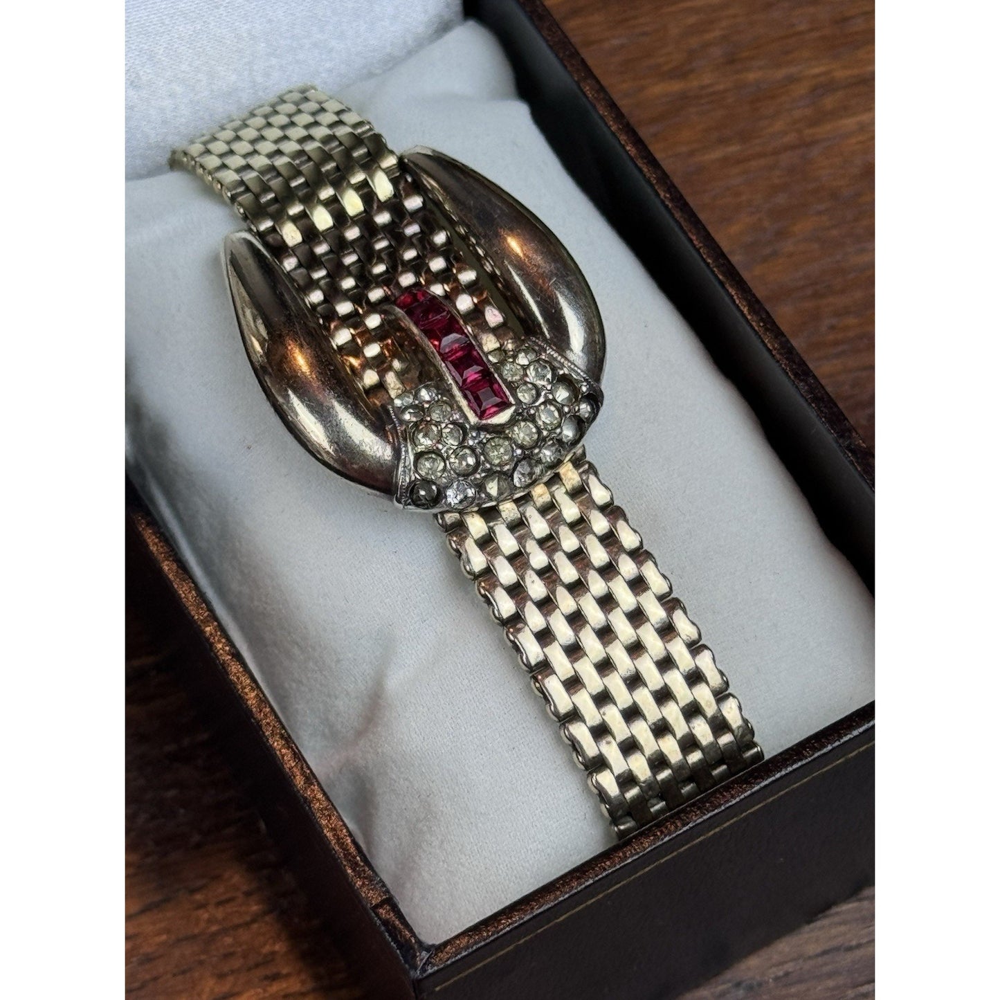 Vintage 1940s Kreisler Mesh Buckle Bracelet Red Glass Rhinestones Goldtone 7”
