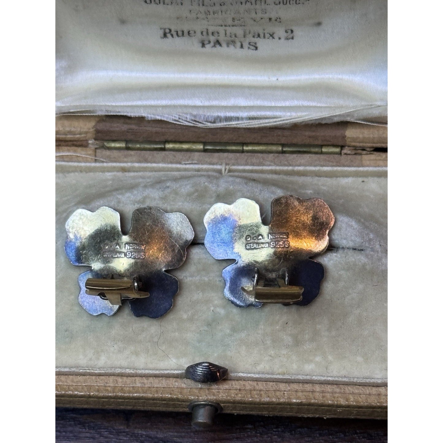 Vintage David Andersen Sterling Silver Blue Lavender Enamel Pansy Clip Earrings