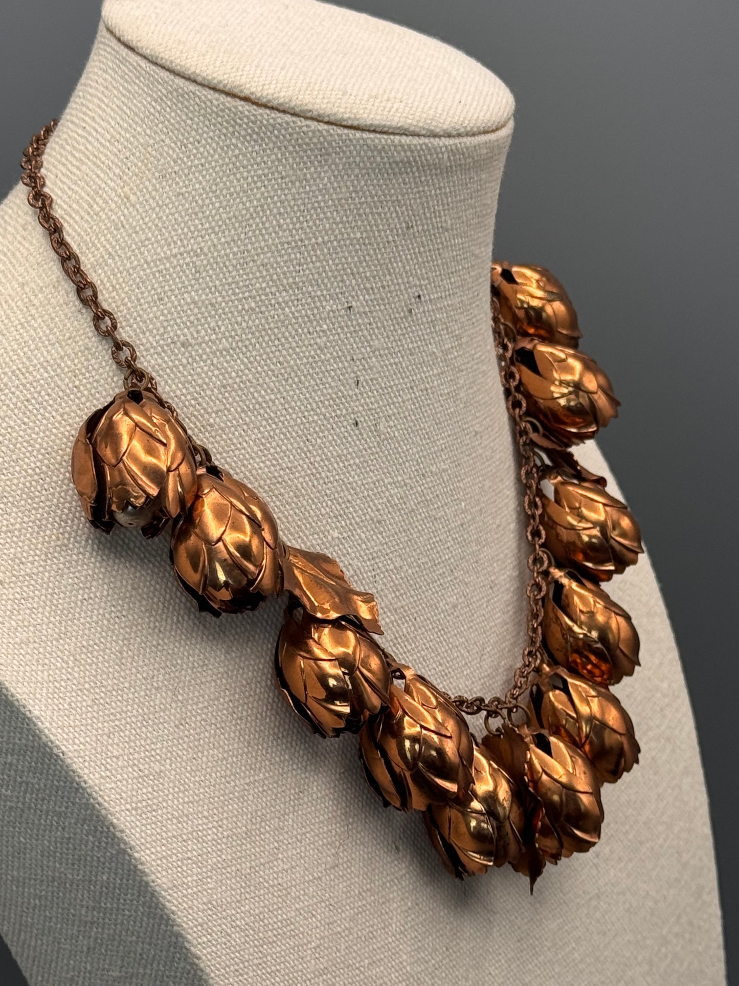 Vintage Copper Tone Floral Necklace Tulip Charm Statement 16”