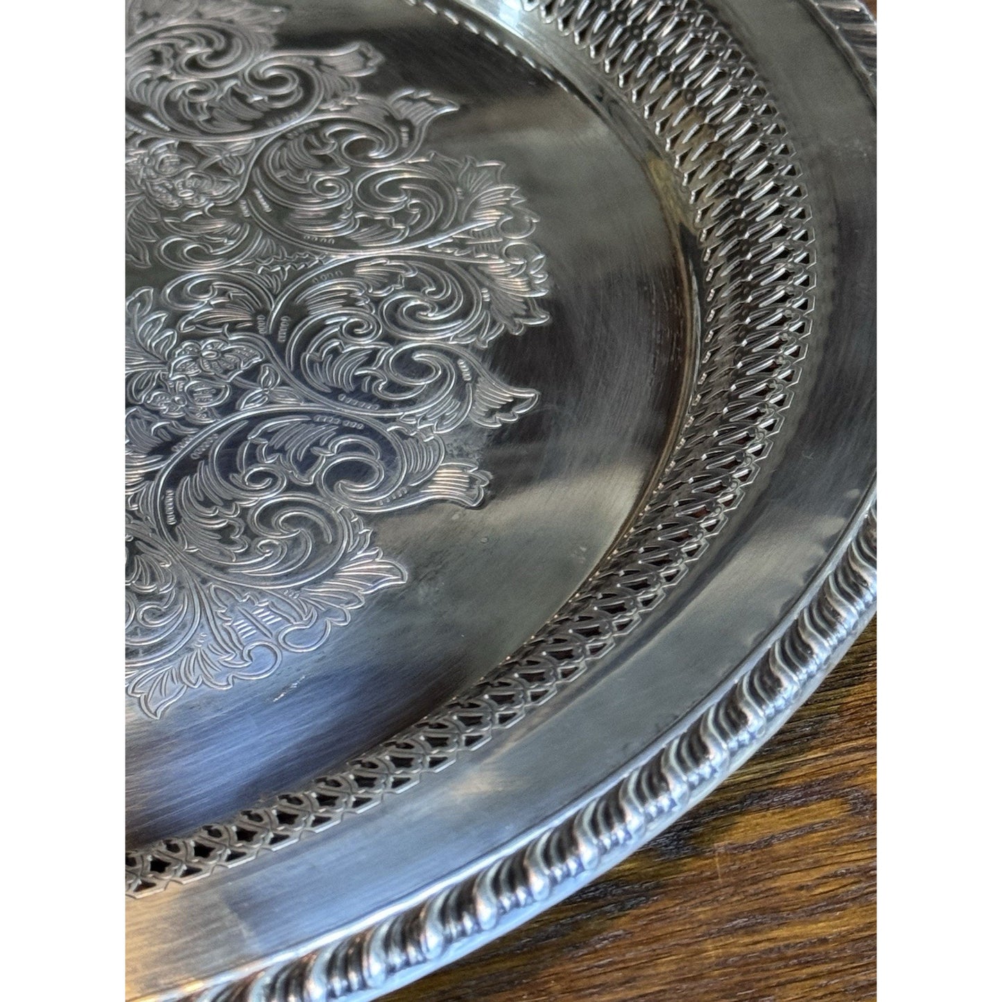 Silverplate Round Tray Reticulated 14.5” WM Rogers Engraved Serving Platter M