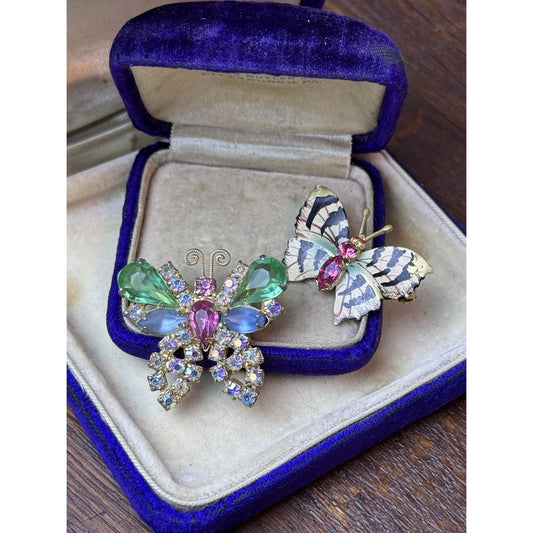 Butterfly Brooch Pair Weiss Rhinestone & Czech Hand Painted Enamel Moth WEAR‼️