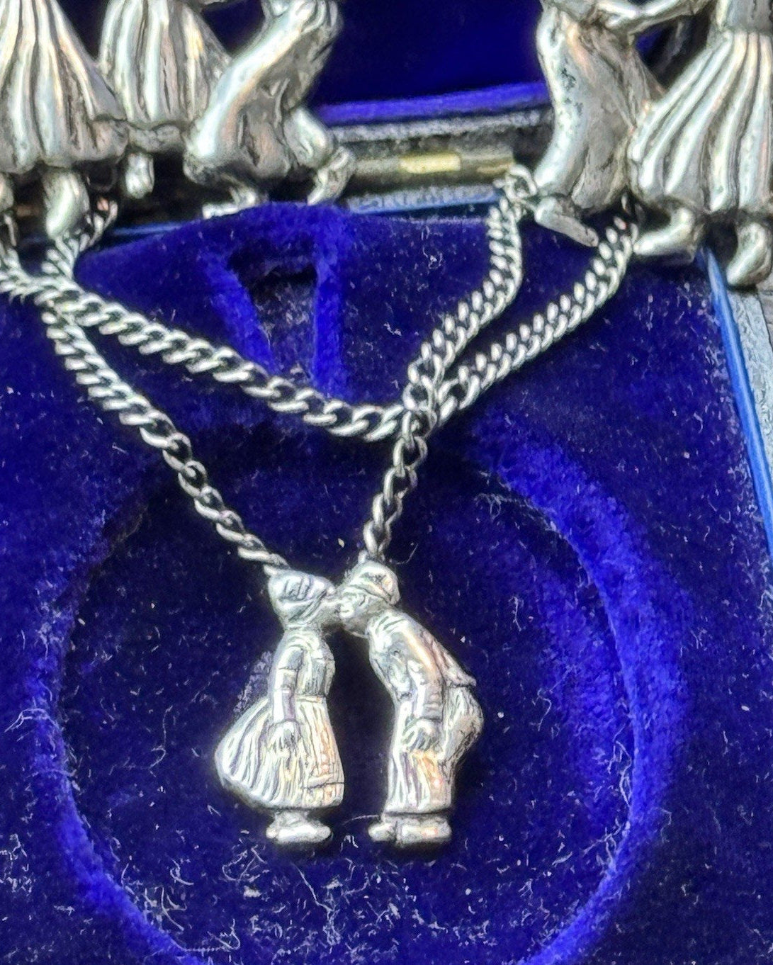 Vintage Dutch Dancers Chatelaine Brooch Silver Kissing Couple 1.38”