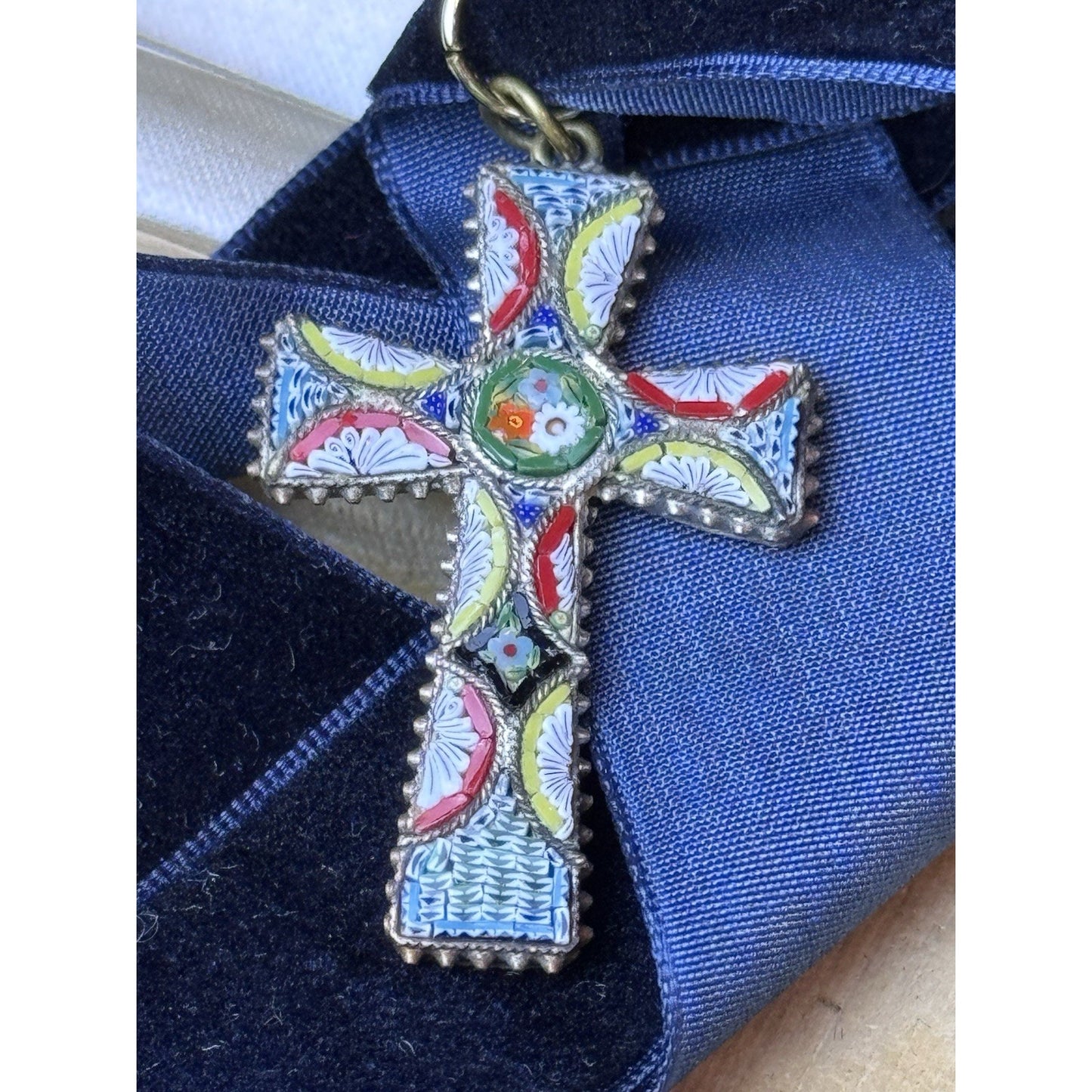 Antique Cross Italian Micro Mosaic Pendant Blue Velvet Ribbon Floral 1.5”