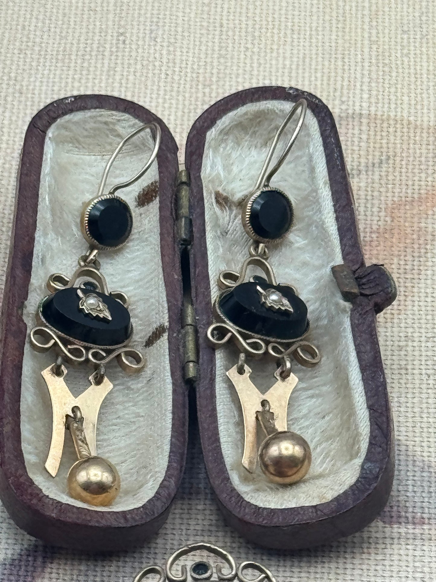 Victorian Gold-Filled Onyx & Seed Pearl Brooch & Earrings Set - Mourning