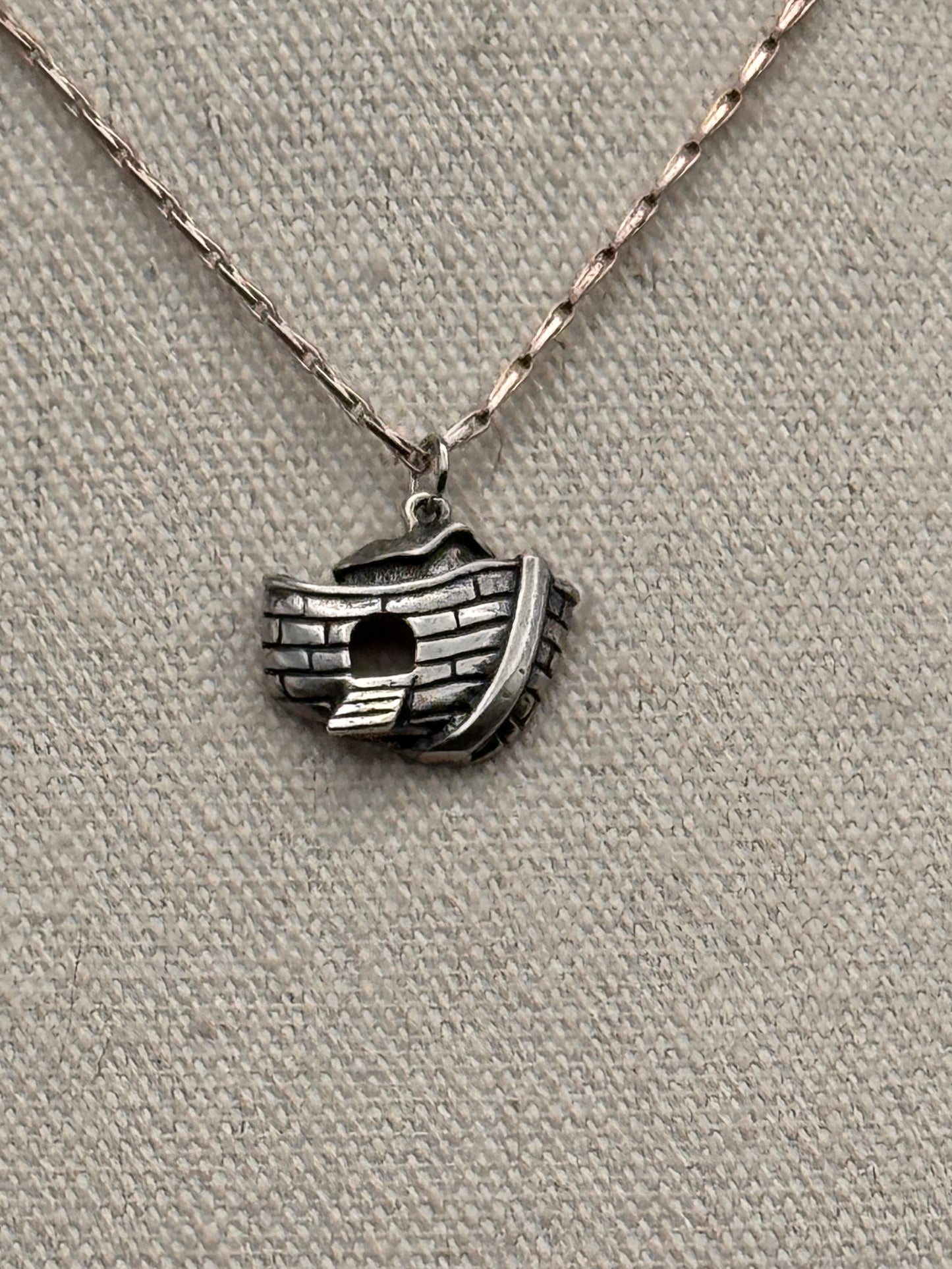Vintage Sterling Noah’s Ark Pendant & Silver Tone Necklace 26”