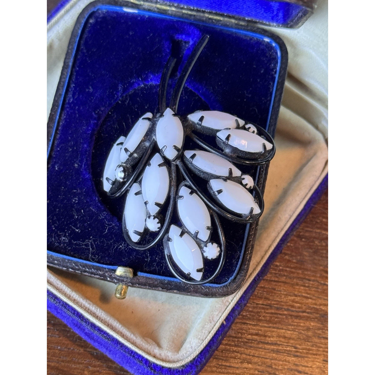 Vintage Brooch Black White Glass Floral Spray Japanned Statement Pin 2.5”
