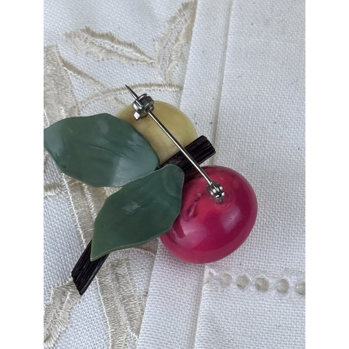 Plastic Fruit Brooch Pink Yellow Persimmon Figural Pin 2” Mid Century VINTAGE