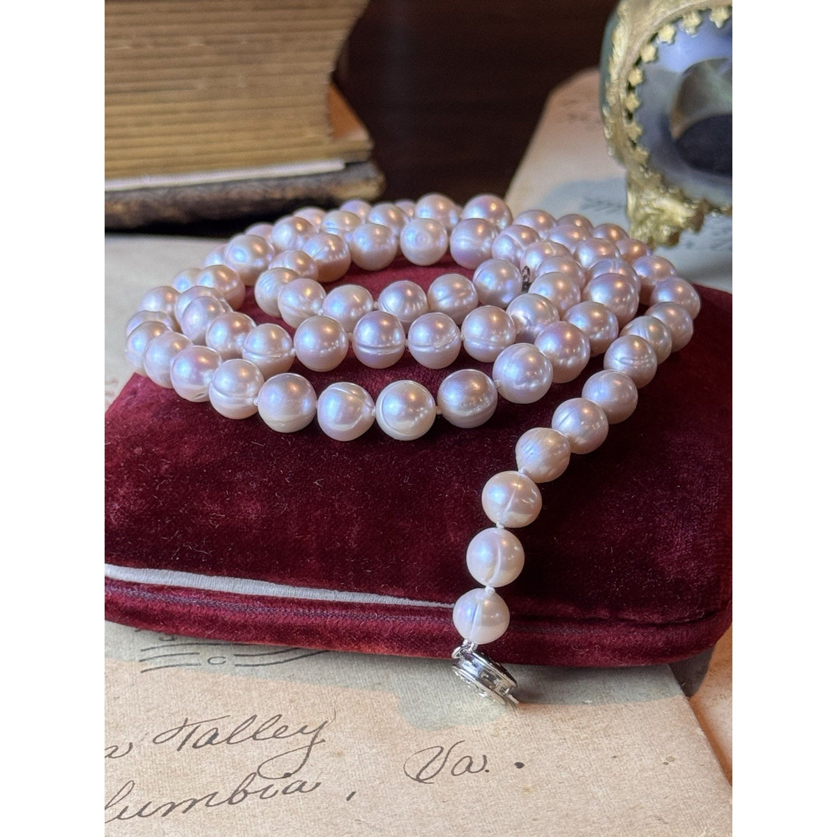 Pink Cultured Pearl Necklace 7mm Knotted Filigree Clasp 24”