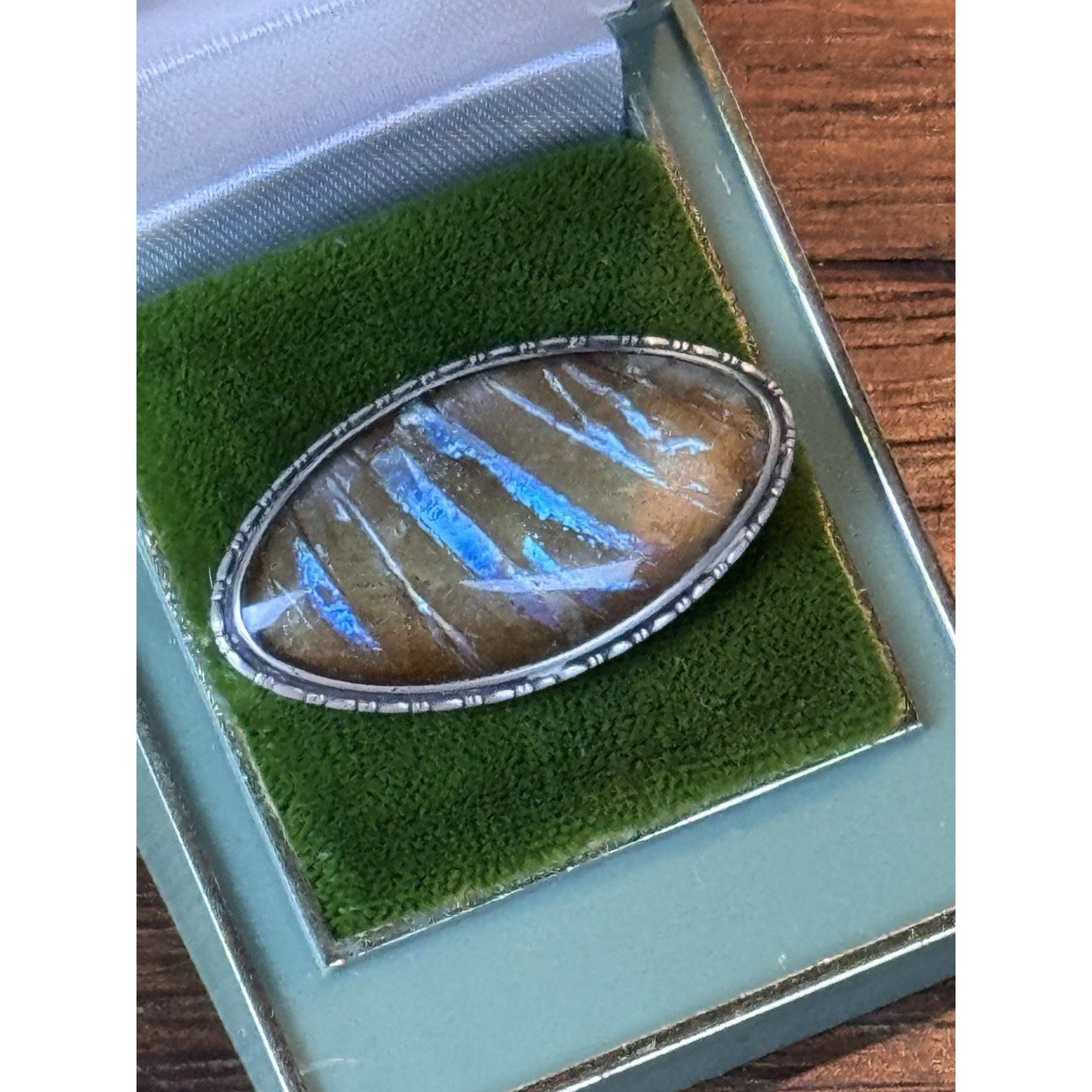 Vintage Sterling Morpho Butterfly Wing Brooch England 1.75” Iridescent