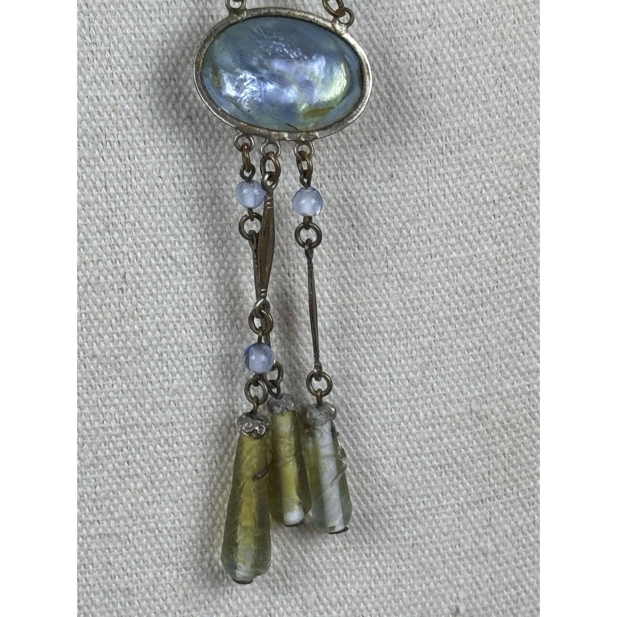 Antique Czech Style Art Glass Necklace Blue Green Glass Dangle Drop 20”